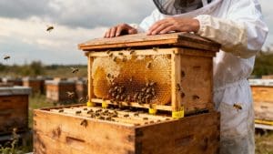 Beekeeper tending to a busy beehive with honeycombs.