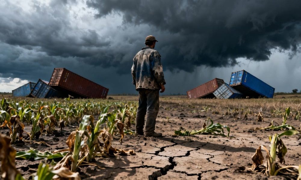Farmer in field, stormy sky, shipping containers.