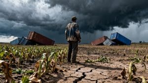 Farmer in field, stormy sky, shipping containers.