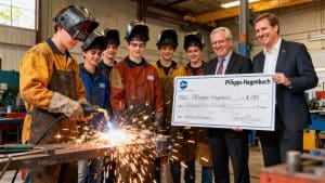 Students and donors with a large check for welding program.