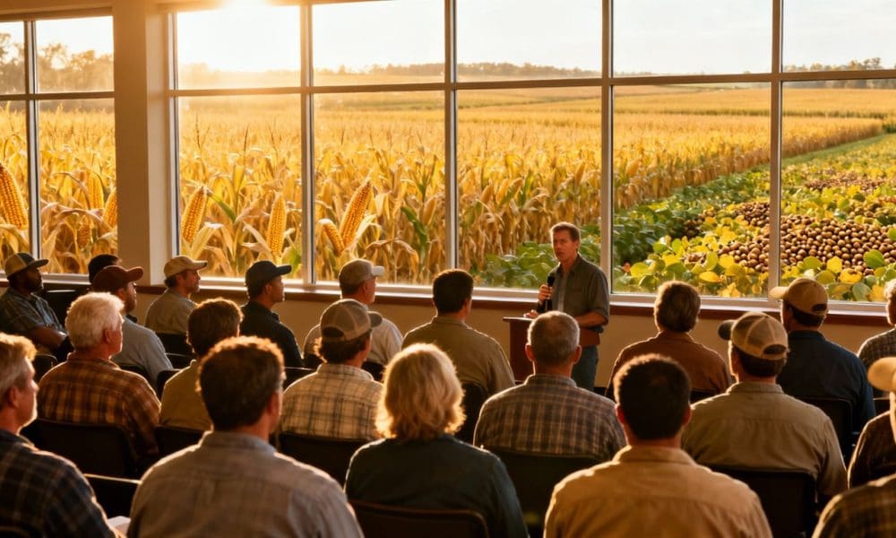 Farmers at a summit discussing economic insights.