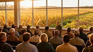 Farmers at a summit discussing economic insights.