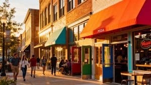 Downtown Peoria street with new eateries and people.