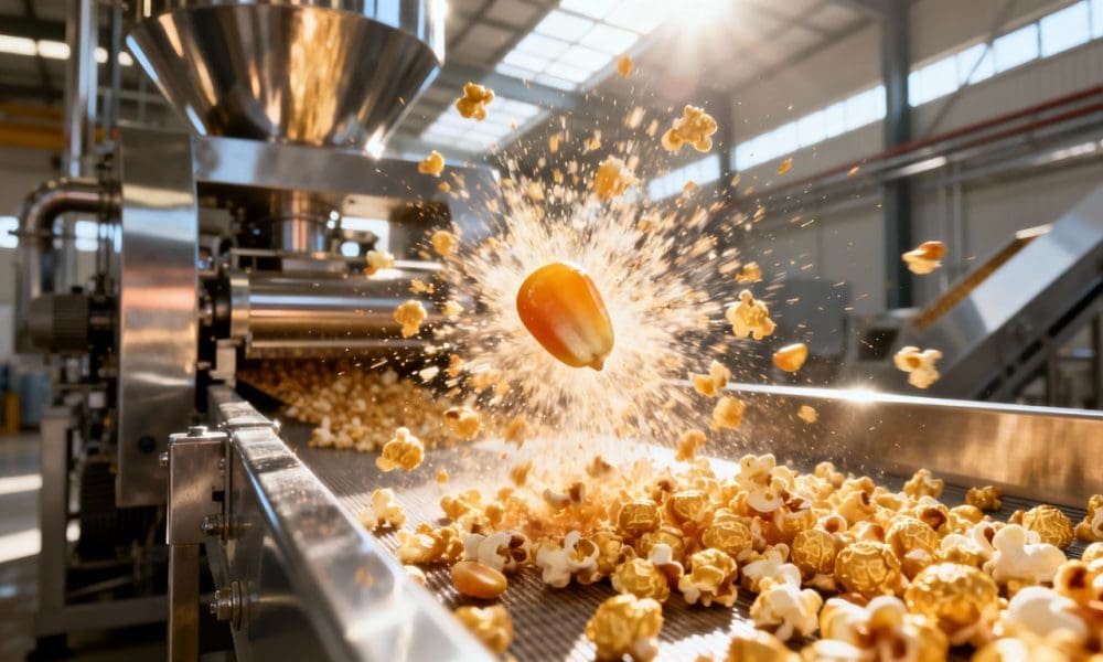 Popcorn kernels exploding from a food processing plant.