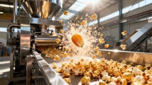 Popcorn kernels exploding from a food processing plant.