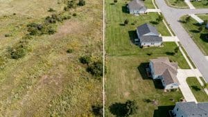 Divided rural land parcels, one undeveloped, one residential.