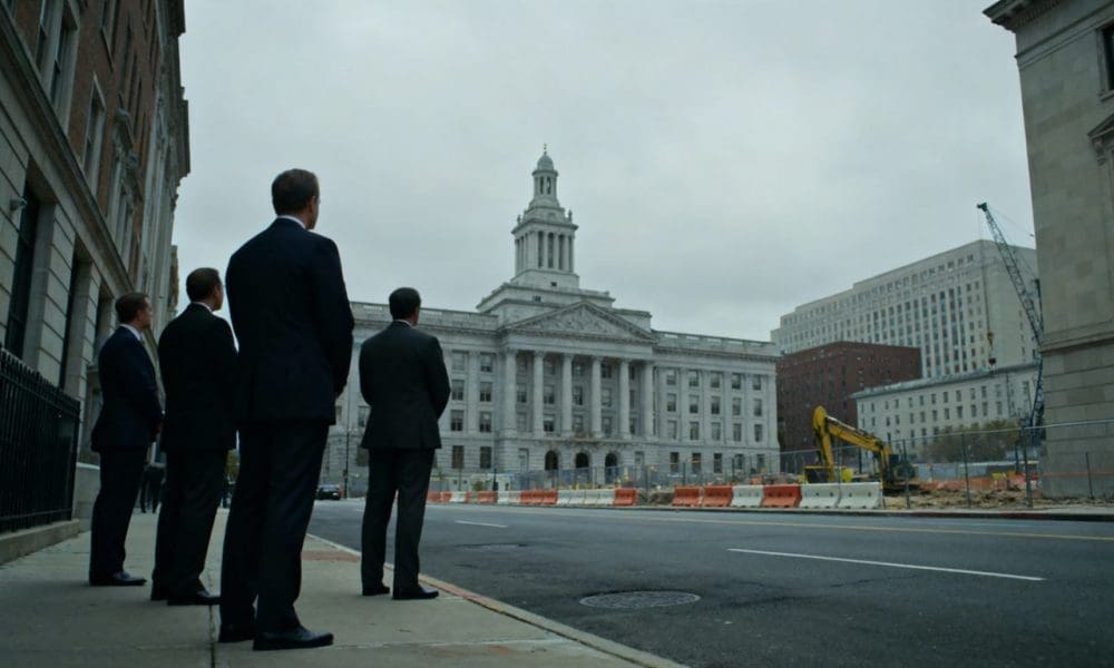 Officials looking at a proposed construction site in Washington.