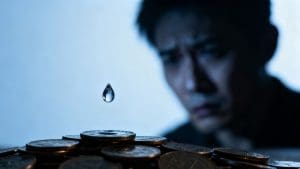 Water droplet over coins, concerned figure in background.